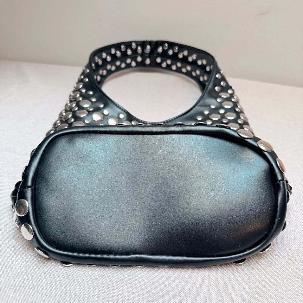 Black Studded Hobo Bag with Silver Accents - Picture 5 of 12
